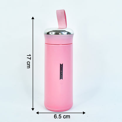 Pink Wukusy 400ml leak-proof glass water bottle, ideal for gym and children, with daily water intake measurements.