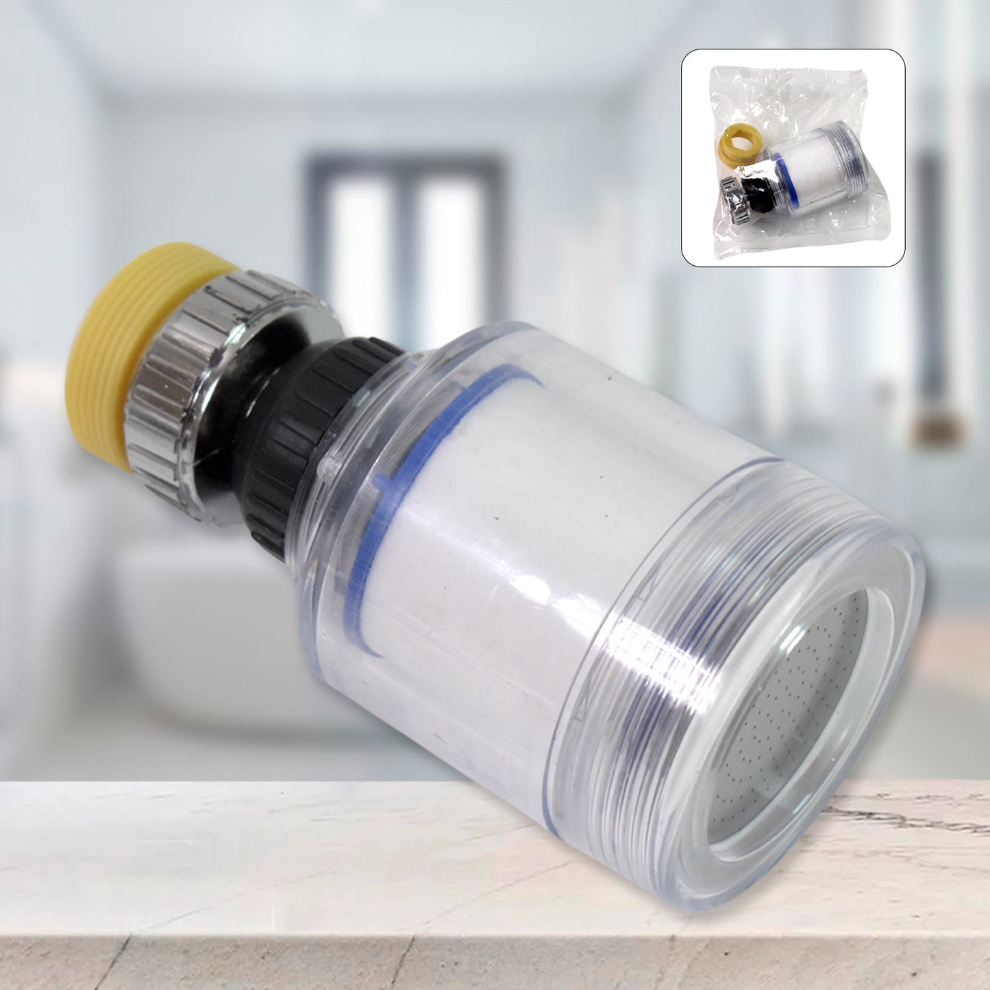 Wukusy water faucet extender with swivel aerator attached to kitchen faucet for improved water flow and flexibility.
