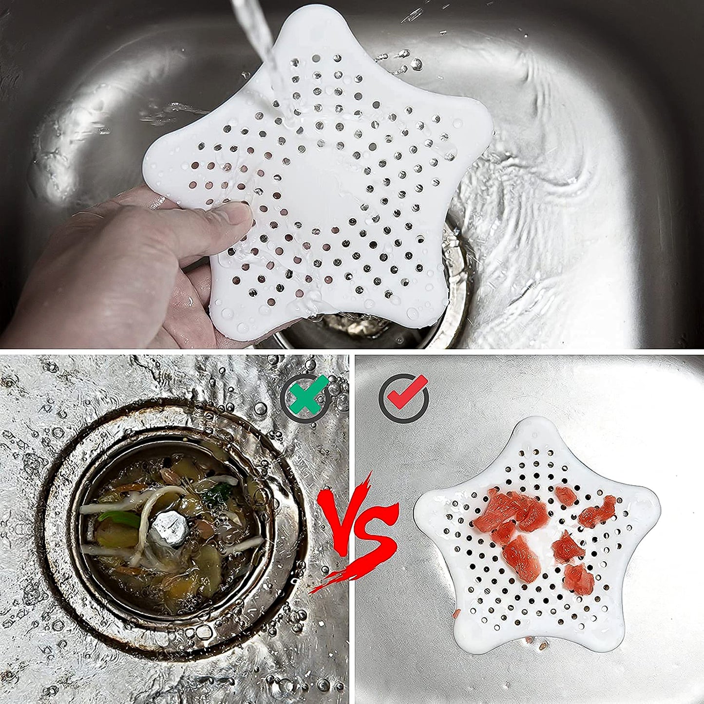 White silicone star-shaped sink filter and hair catcher for bathroom basin drain strainers by Wukusy.