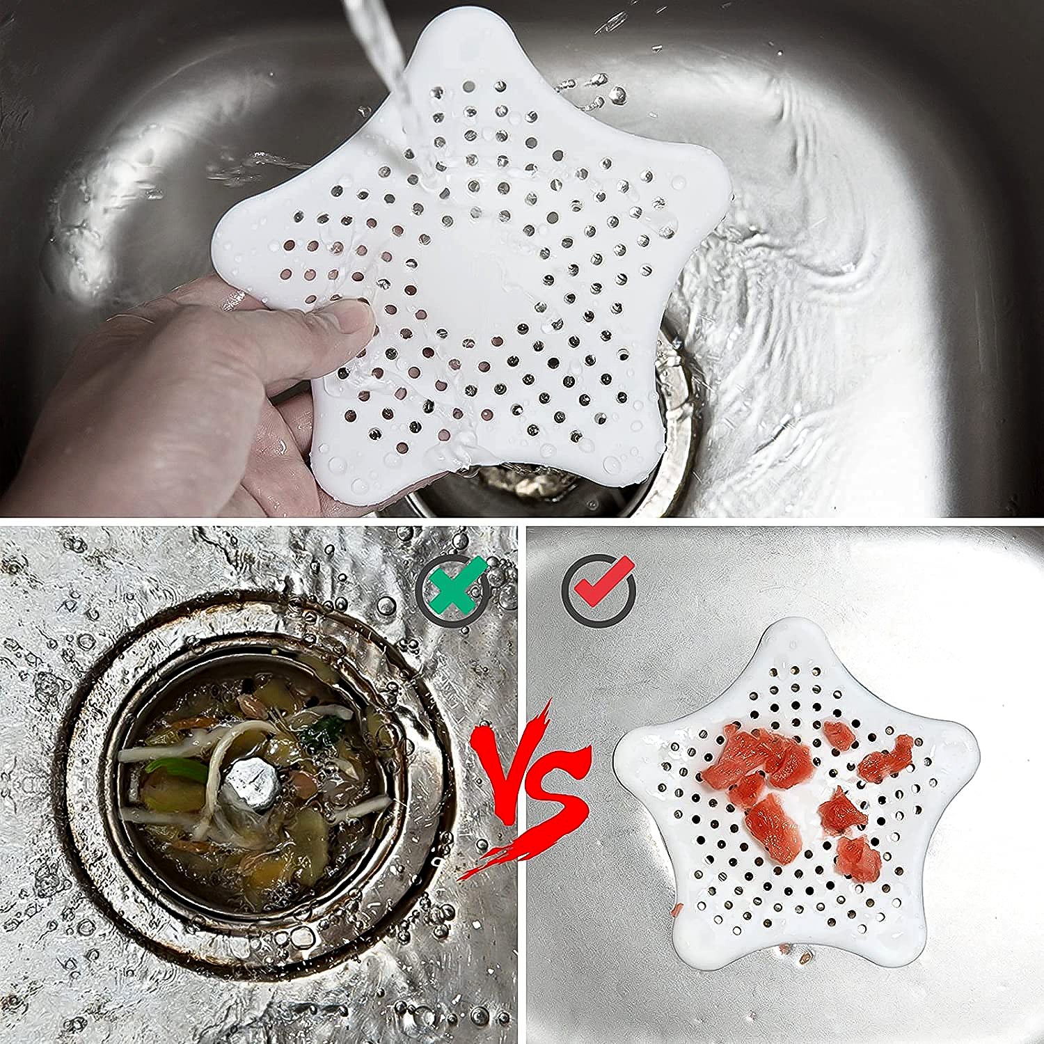 White silicone star-shaped sink filter and hair catcher for bathroom basin drain strainers by Wukusy.