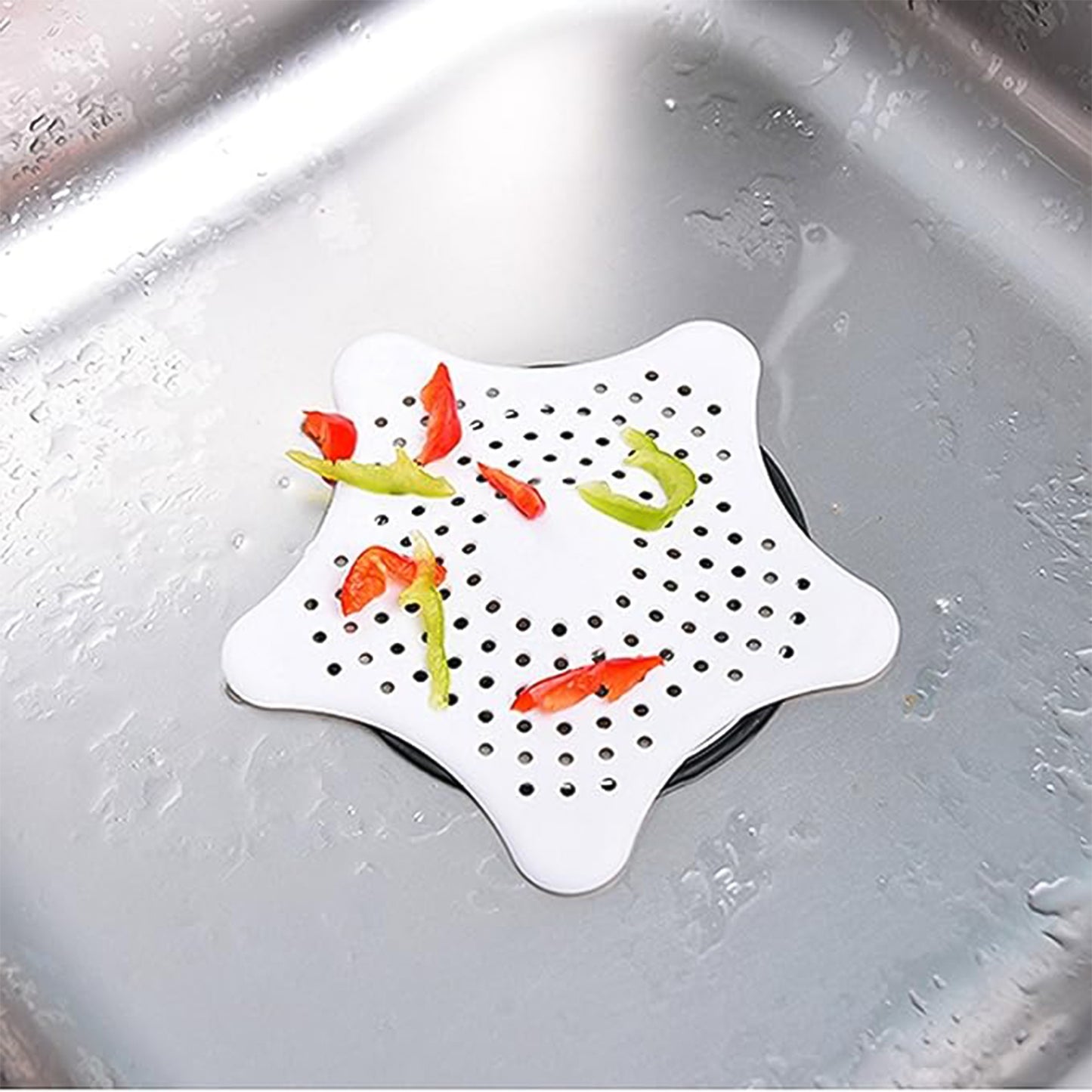 White silicone star-shaped sink filter by Wukusy for bathroom hair catching and drain straining in kitchen and bathroom basins.