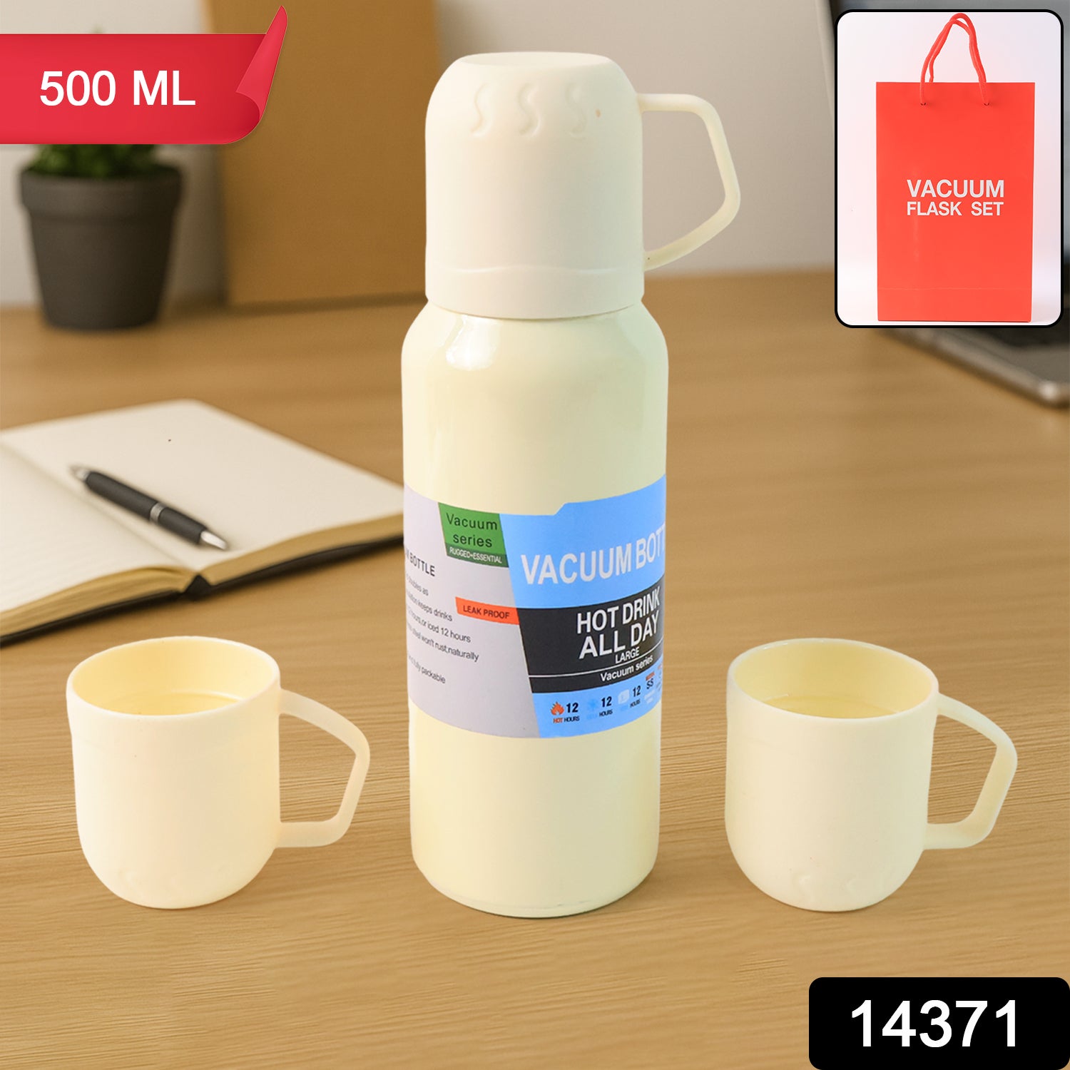 White Wukusy vacuum flask set with stainless steel thermos and three cups, approximately 500ml capacity for hot or cold beverages.