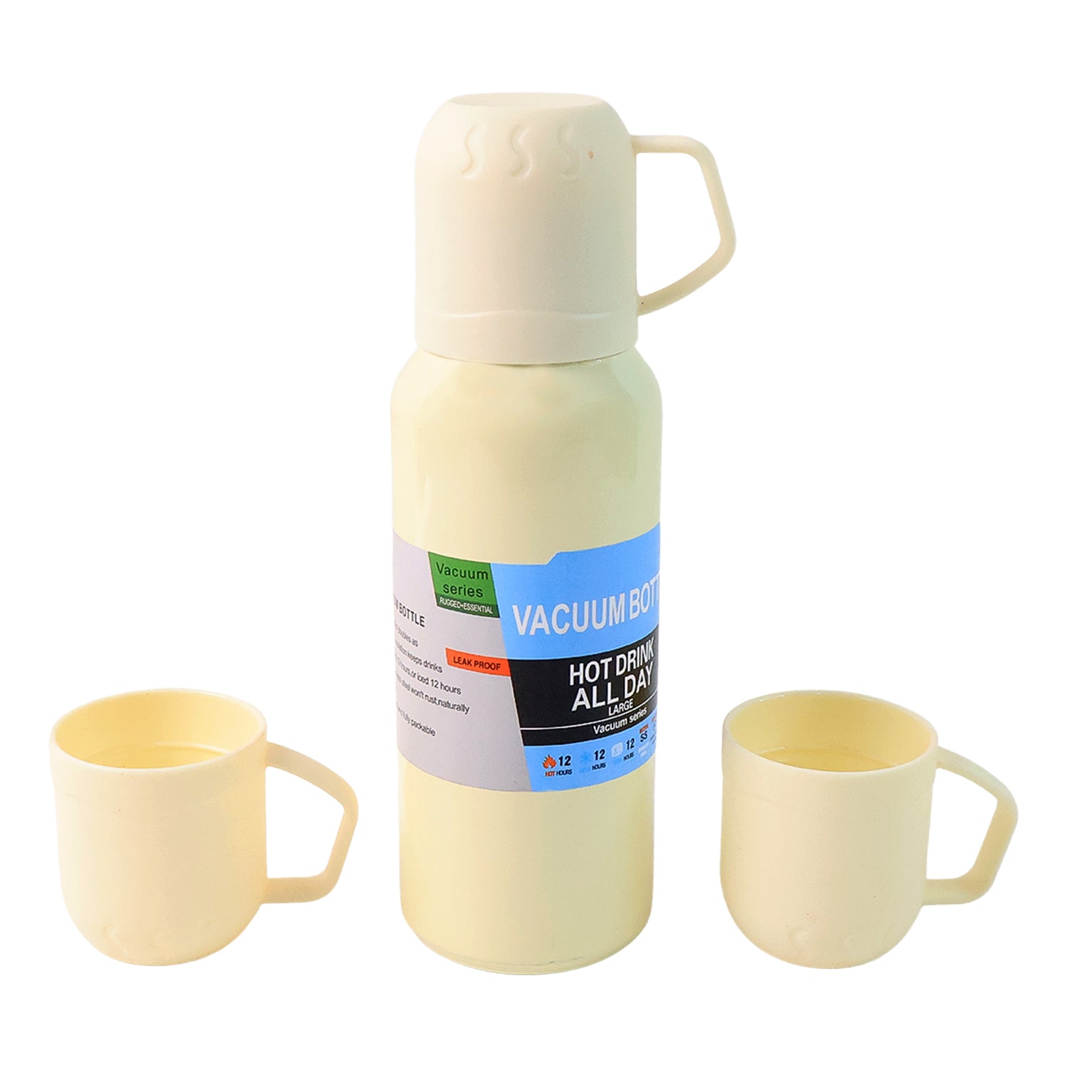 White Wukusy vacuum flask set with stainless steel thermos and 3 cups, 500ml capacity, ideal for keeping beverages hot or cold.