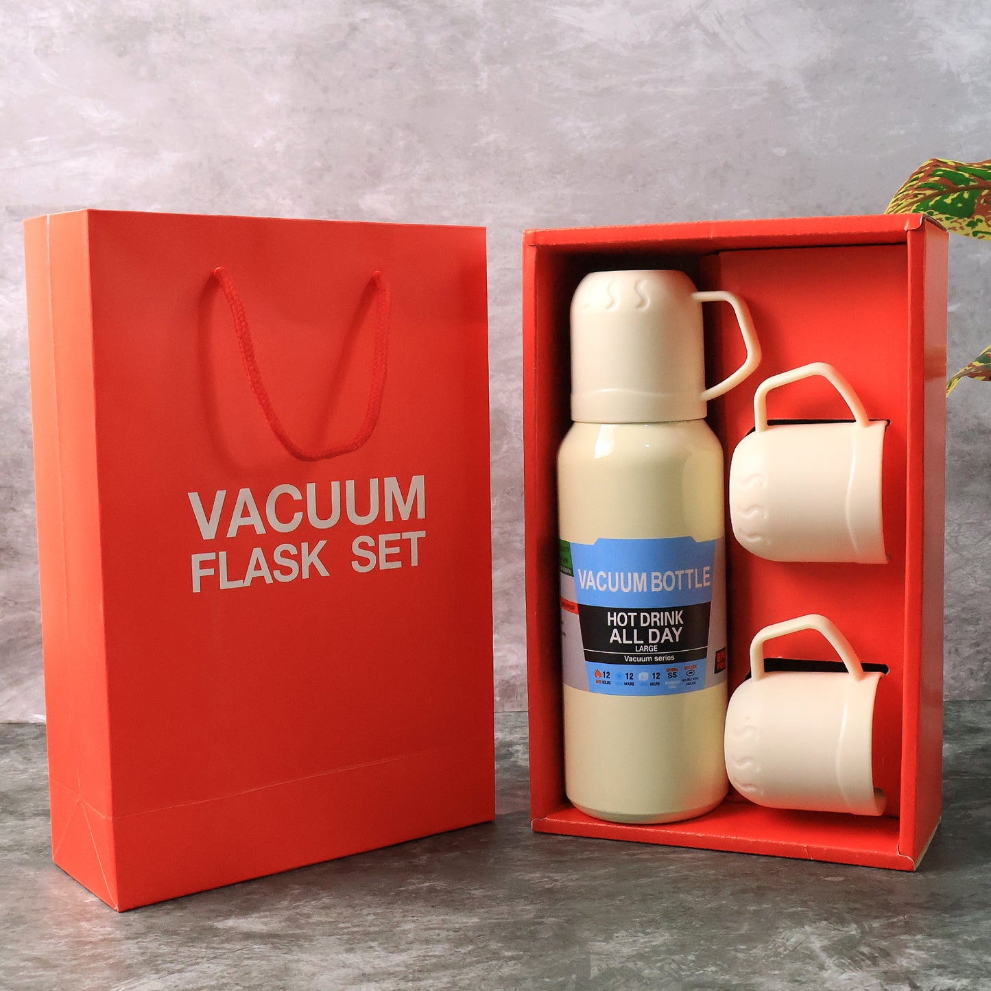White Wukusy vacuum flask set with stainless steel thermos and 3 cups, approximately 500ml capacity for hot and cold beverages.