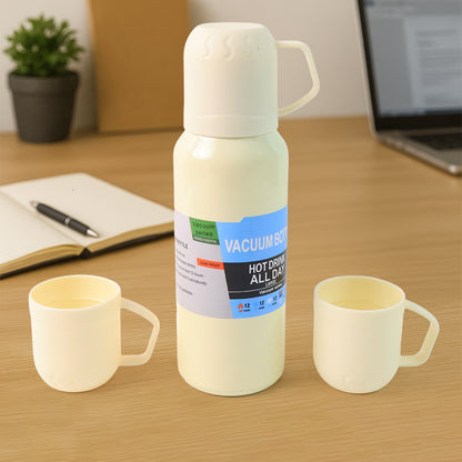 White Wukusy vacuum flask set with stainless steel thermos and 3 cups, approximately 500ml for hot and cold beverages.