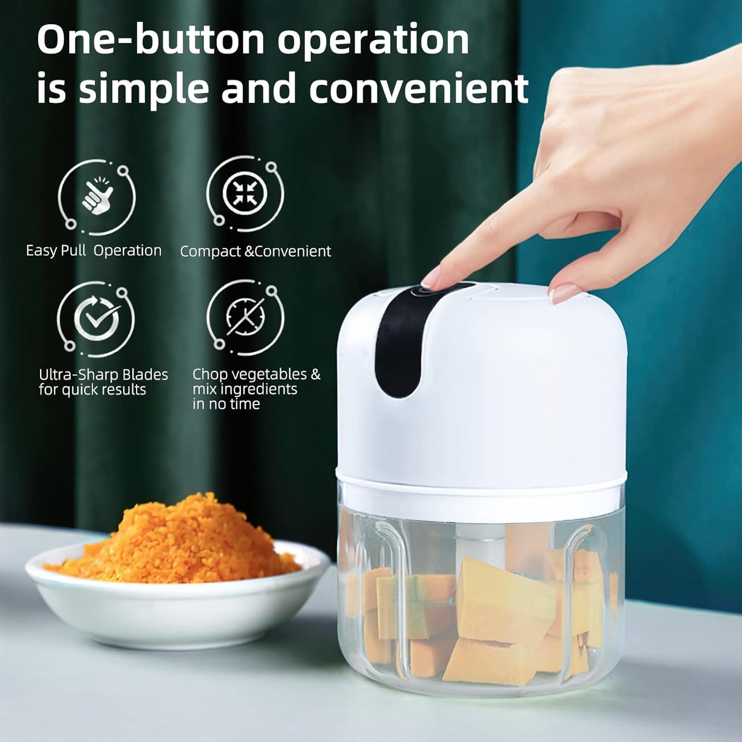 Wukusy wireless USB rechargeable mini electric garlic chopper with 3 blades, 250ml capacity, for home kitchen use.