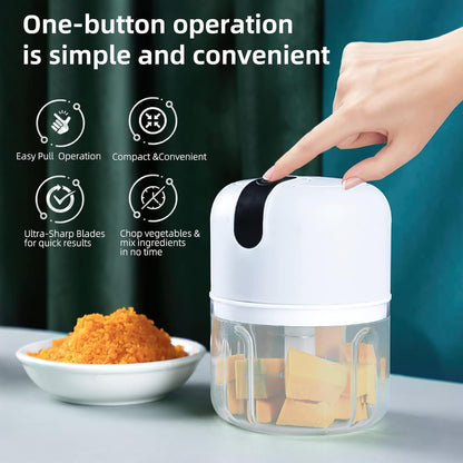 Wukusy wireless USB rechargeable mini electric garlic chopper with 3 blades, 250ml capacity, for home kitchen use.
