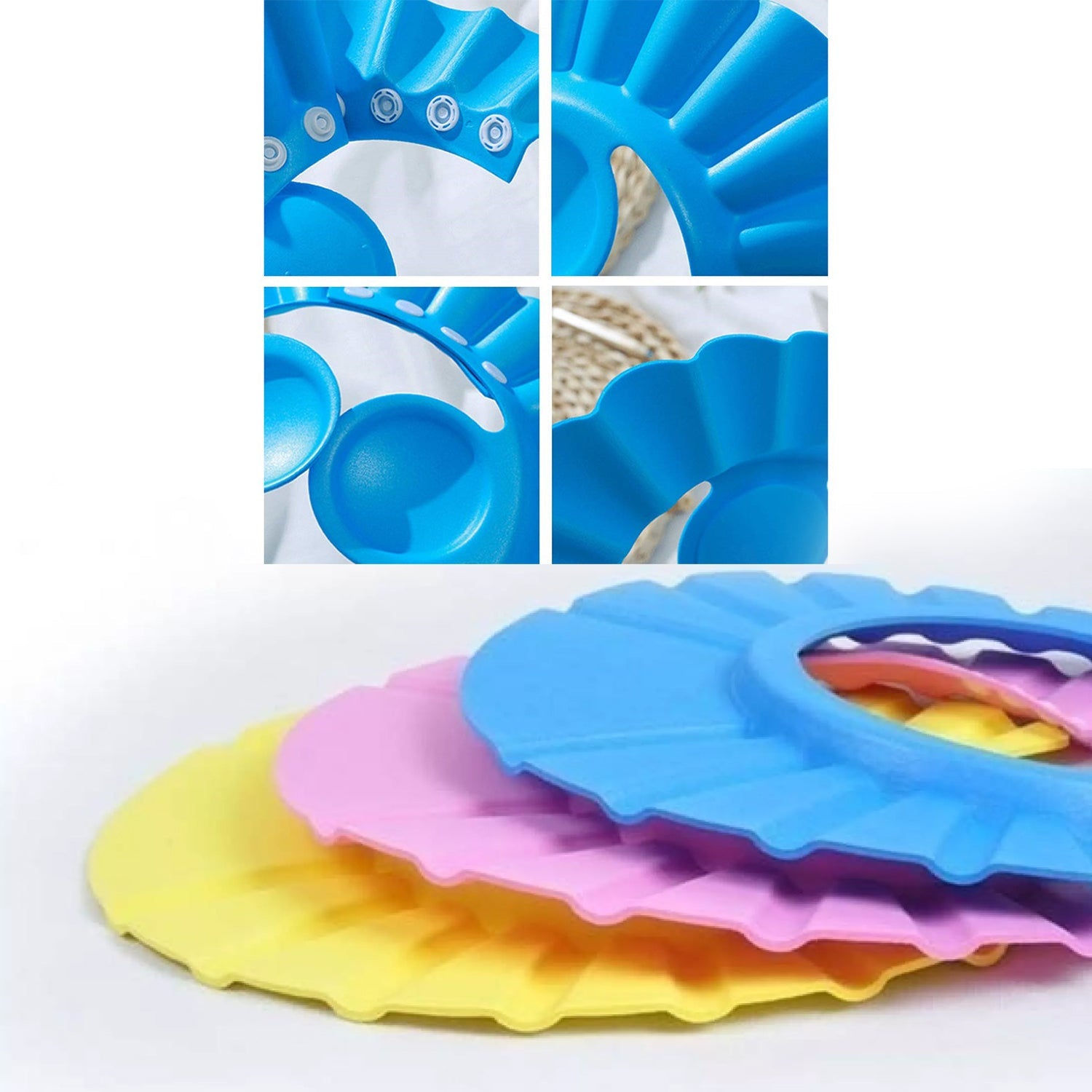 Wukusy kids adjustable safe soft bathing baby shower cap worn on a child's head during bath time.