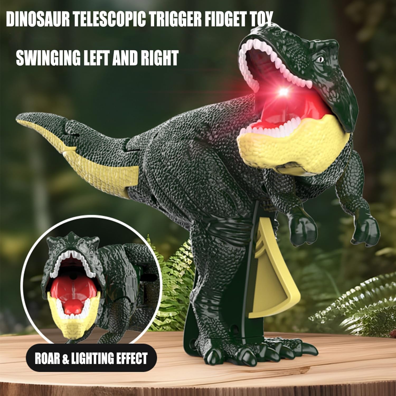 Wukusy Dinosaur Roaring Toy for kids with sound, lighting, vibrating head, and moving features, suitable for ages 3 and up.