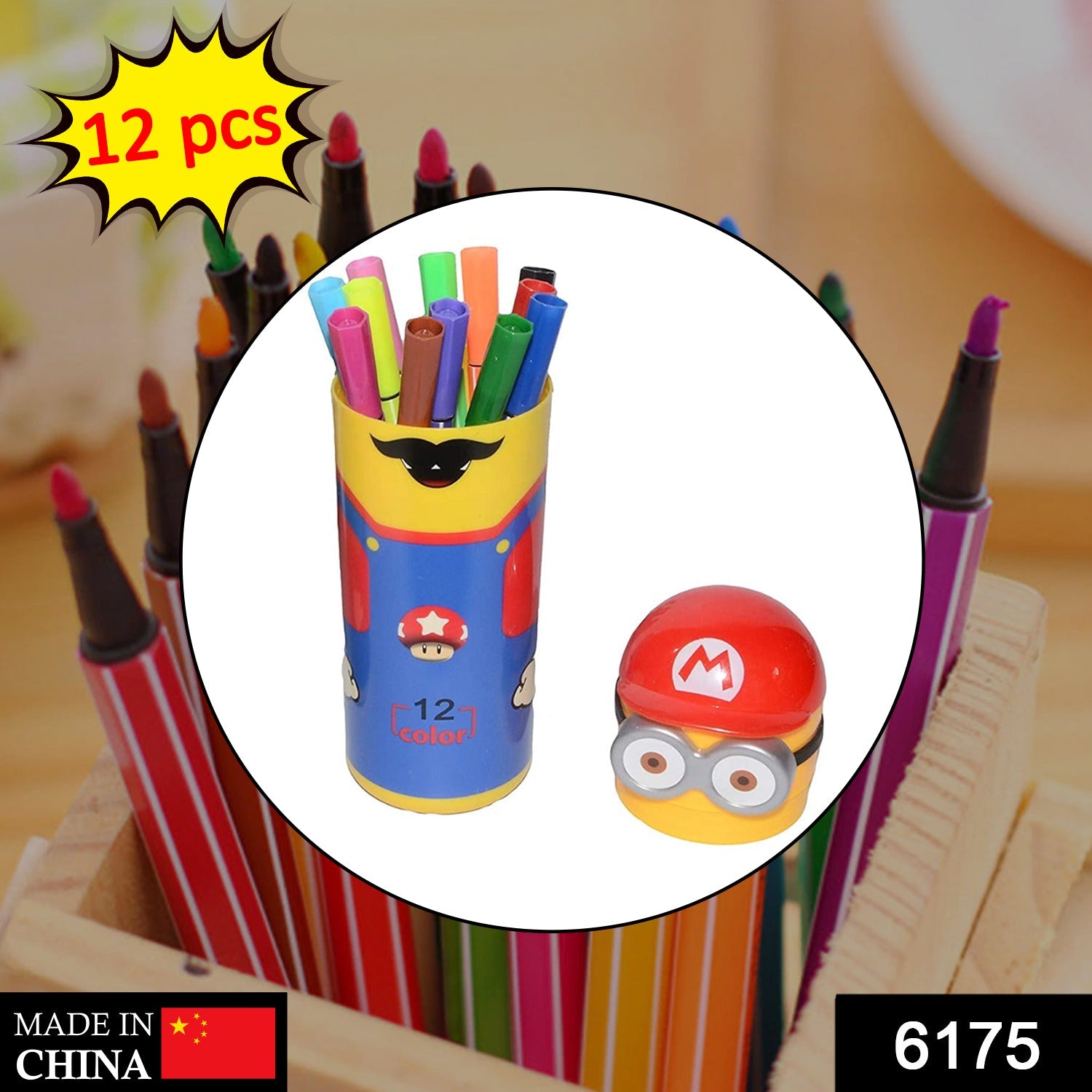Wukusy Minions sketch pen set for kids with 12 colorful pens in an attractive case featuring Minions characters.