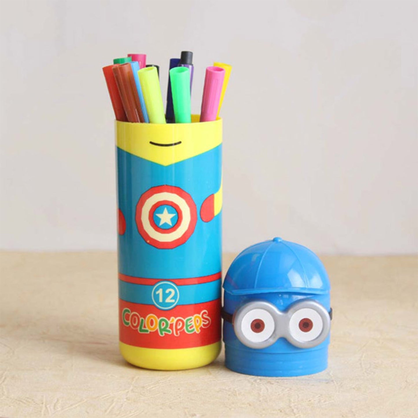 Wukusy Minions sketch pen set for kids with 12 colorful pens in an attractive designed case, perfect for drawing and coloring.
