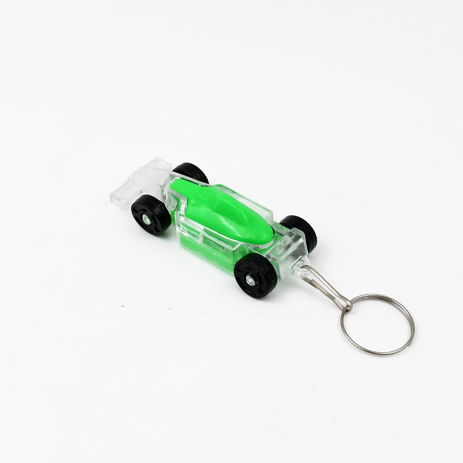 Kids' car-shaped keychain by Wukusy with on/off button and flashing LED light, featuring a playful vehicle design.