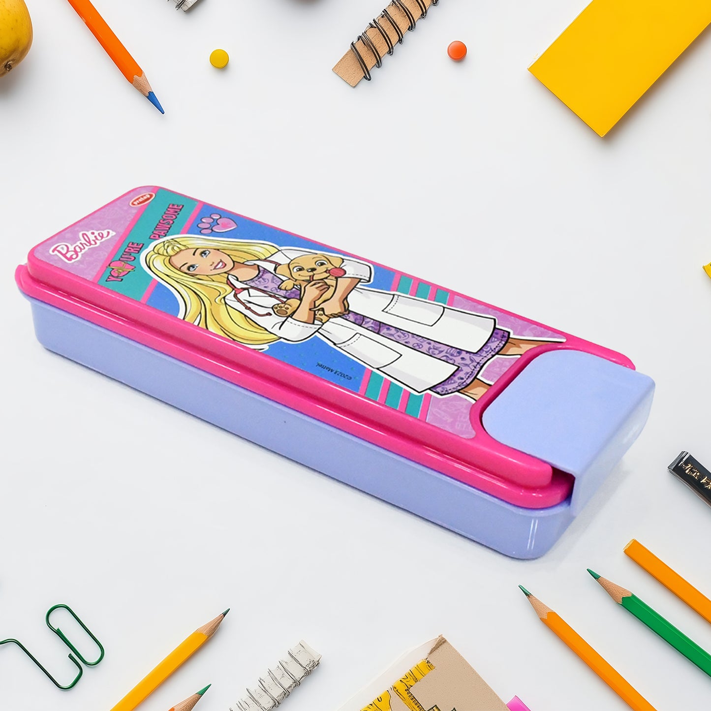 Wukusy kids' cartoon printed hard top pencil box with colorful mixed designs, ideal for school supplies.