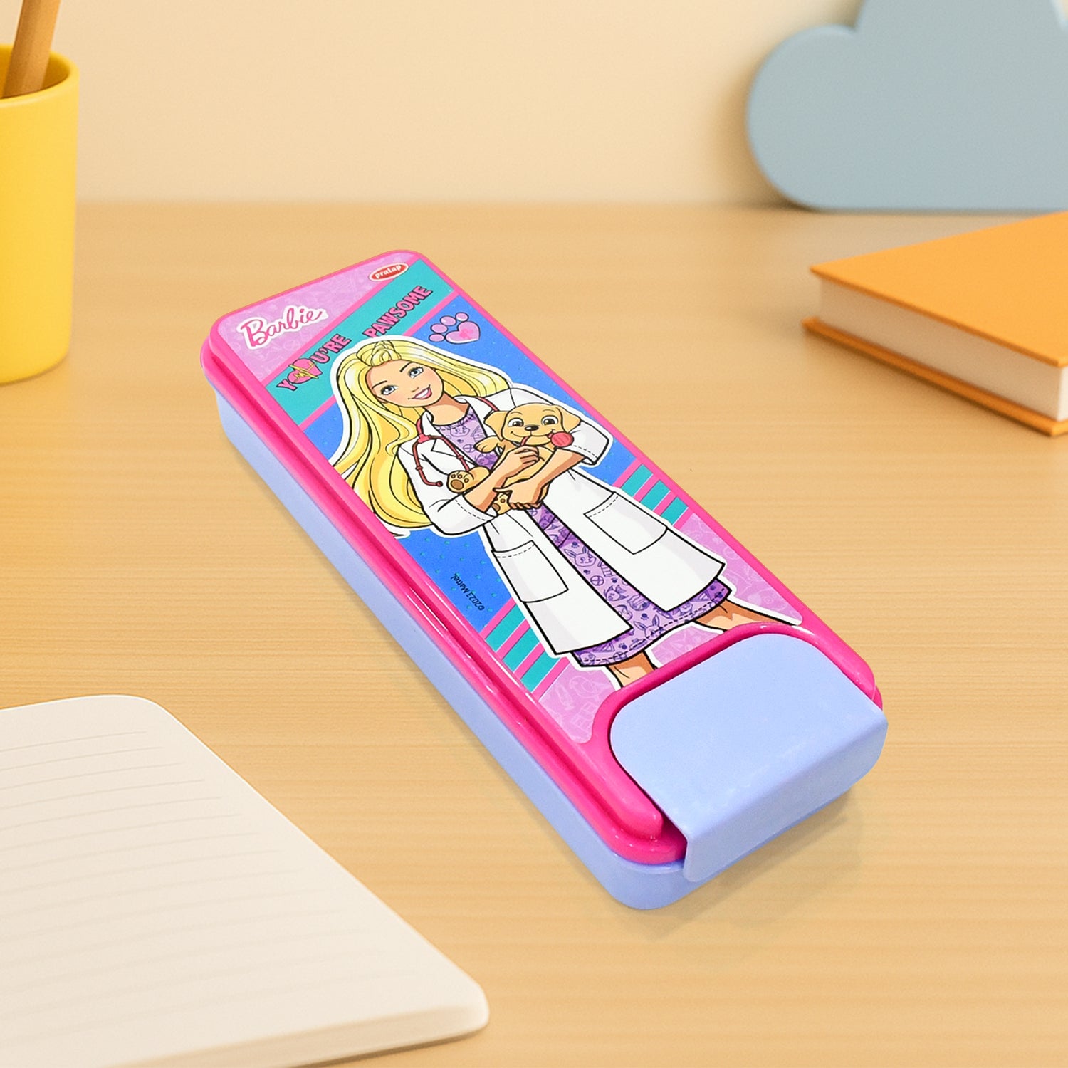 Wukusy kids' cartoon printed hard top pencil box with colorful designs, perfect for organizing school supplies.