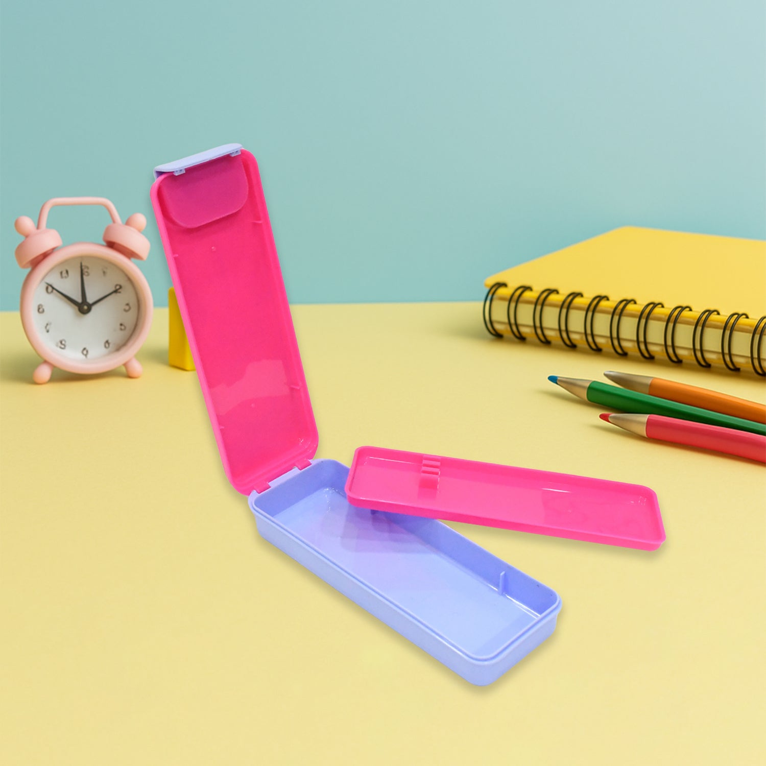 Wukusy kids' hard top pencil box with colorful cartoon print, durable design, and mixed fun patterns for school supplies.