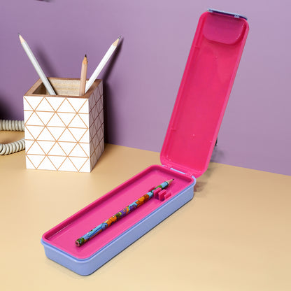 Wukusy kids' cartoon printed hard top pencil box with mixed designs, durable case for storing pencils and stationery.