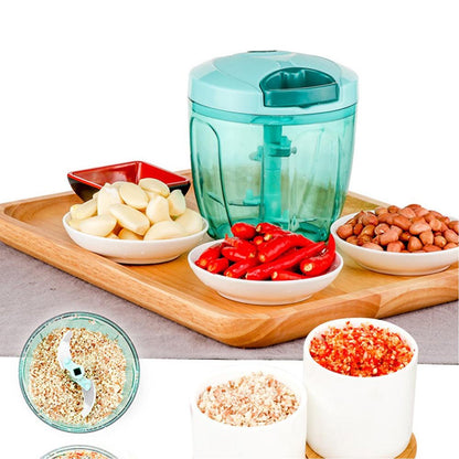 Wukusy manual stainless steel vegetable chopper with 5 blades, compact design, handheld kitchen tool for quick vegetable slicing.