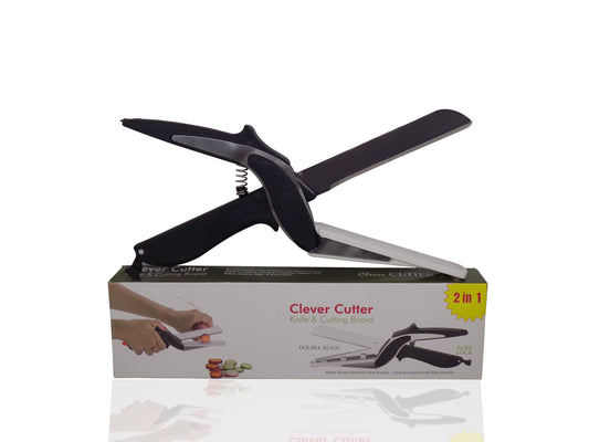 Wukusy Clever Cutter 2-in-1 food chopper and slicer with stainless steel blades for vegetables and fruits, compact kitchen tool.