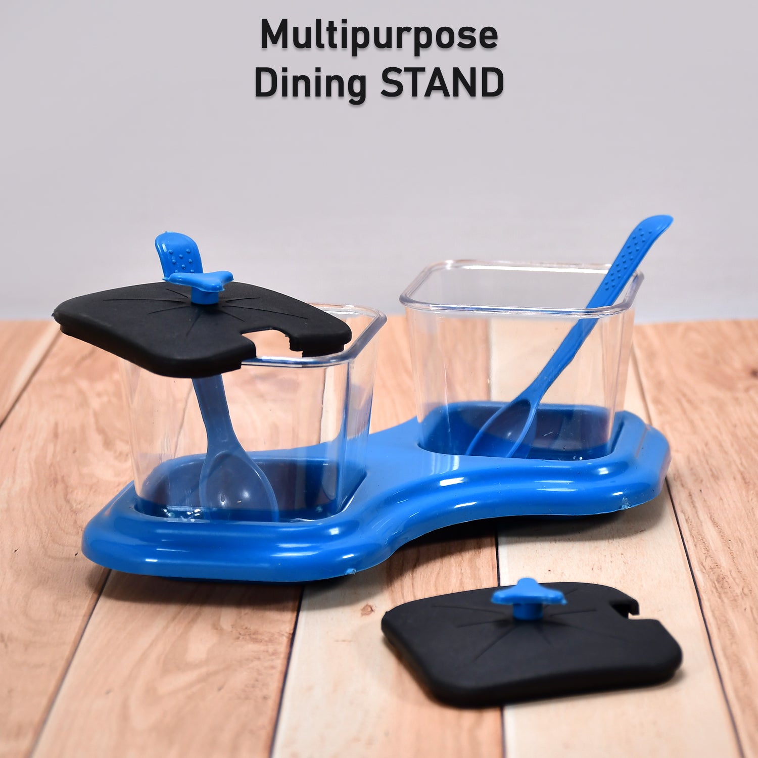 Wukusy kitchen tool set of 2 plastic dining table stands with pickle jars, spice trays, spoons, for salt, pepper, sauces, and chutneys.
