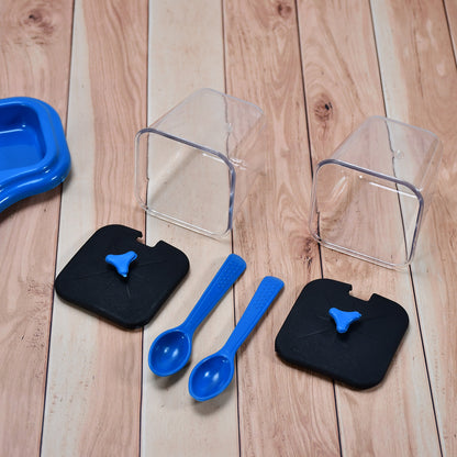 Wukusy 2-piece plastic dining table stand set with pickle jars, spice trays, and serving spoons for salt, pepper, and condiments.