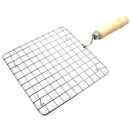 Wukusy stainless steel square roaster and barbecue grill with wooden handle, suitable for kitchen or grilling use.