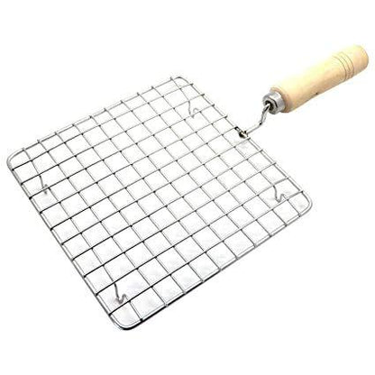 Wukusy stainless steel square roaster and barbecue grill with wooden handle, suitable for kitchen or grilling use.