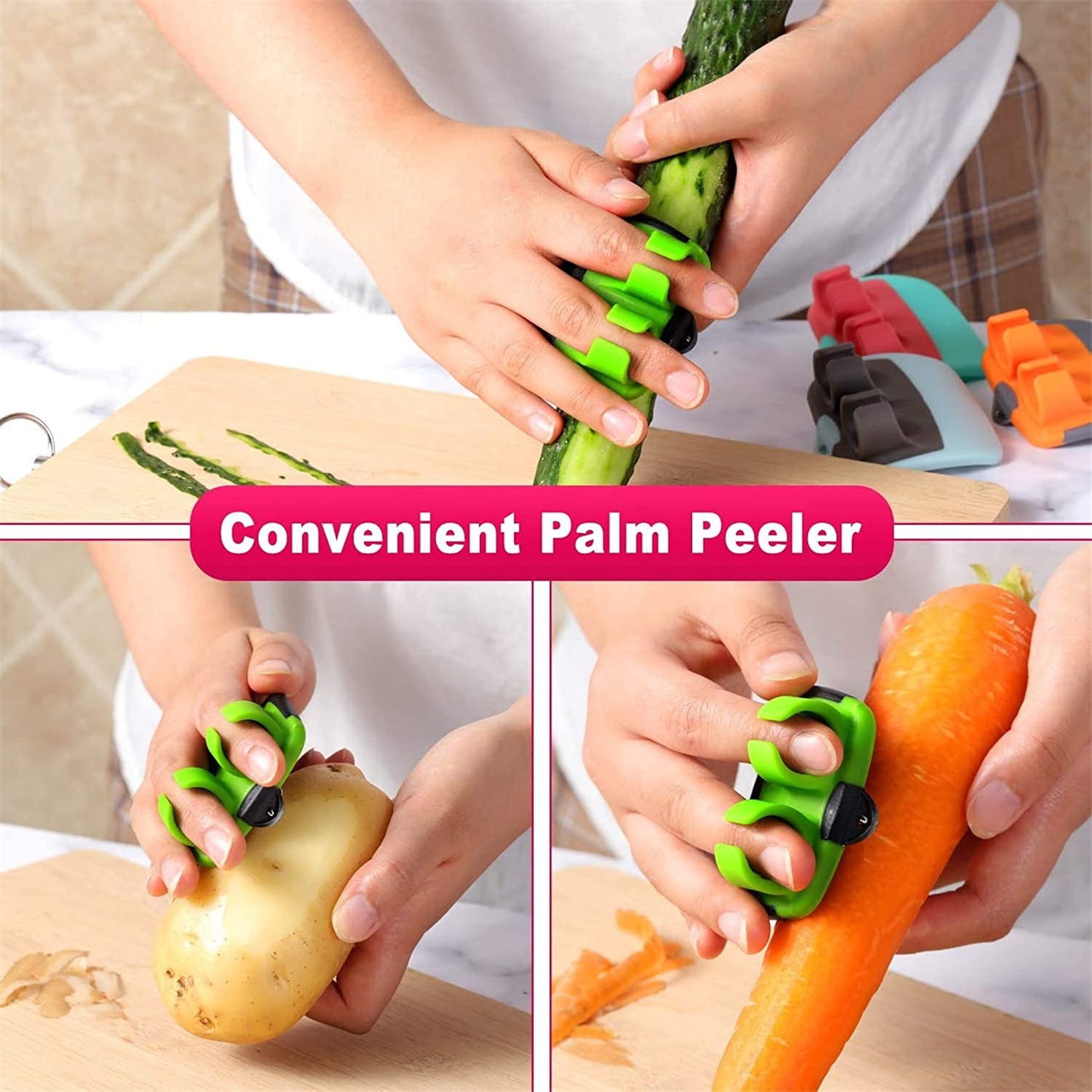 Wukusy hand palm vegetable peeler with rubber finger grip, ideal for peeling potatoes, cucumbers, and fruits in kitchen cooking.