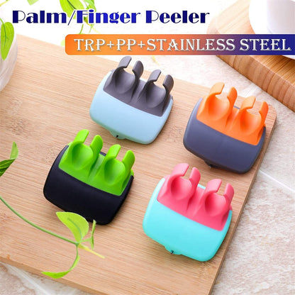 Wukusy hand palm vegetable peeler with rubber finger grip for peeling potatoes, cucumbers, and fruits in kitchen cooking.