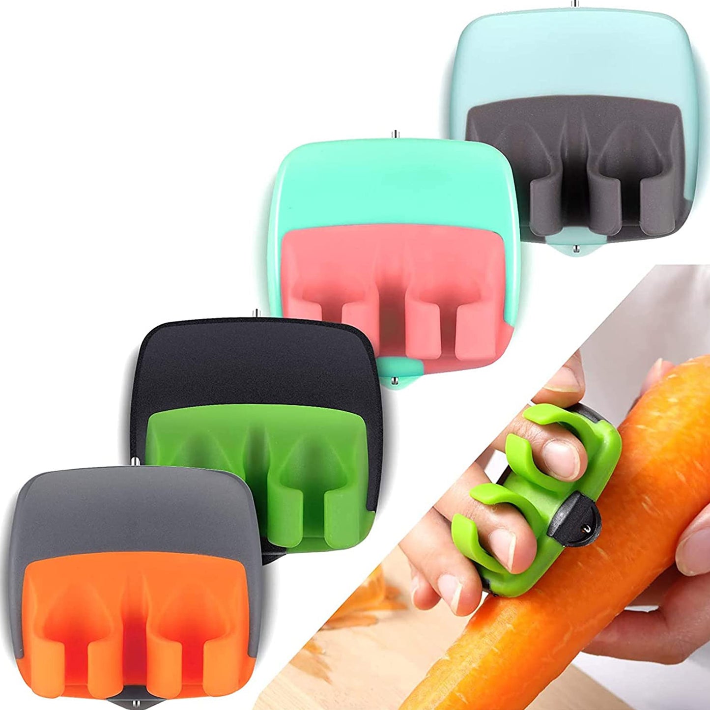 Wukusy hand palm vegetable peeler with rubber finger grip peeling cucumbers and potatoes in a kitchen setting.