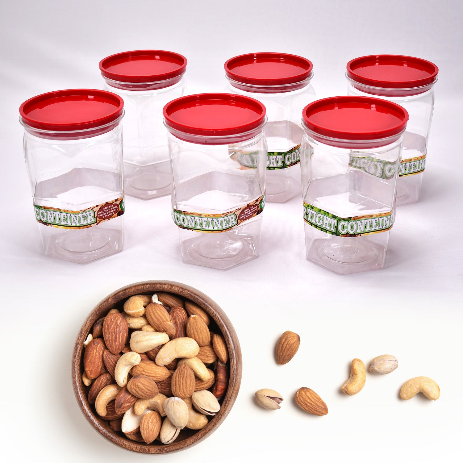 Set of six Wukusy 1100ml airtight kitchen storage containers for rice, dal, flour, cereals, and snacks, stackable and BPA-free.