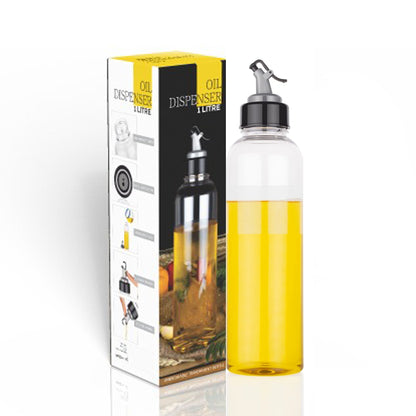 Wukusy 1-liter transparent plastic oil dispenser bottle, kitchen tool for storing and pouring cooking oil.
