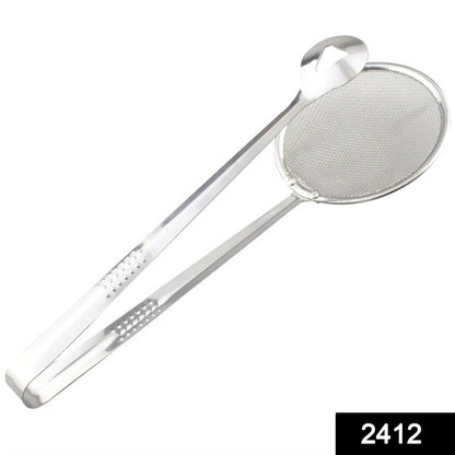 Wukusy 2-in-1 stainless steel filter spoon with clip, versatile kitchen tool for oil-frying and food filtering.