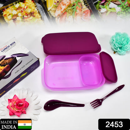 Wukusy unbreakable leak-proof plastic lunch box with two food-grade BPA-free containers and a spoon for safe meal storage.