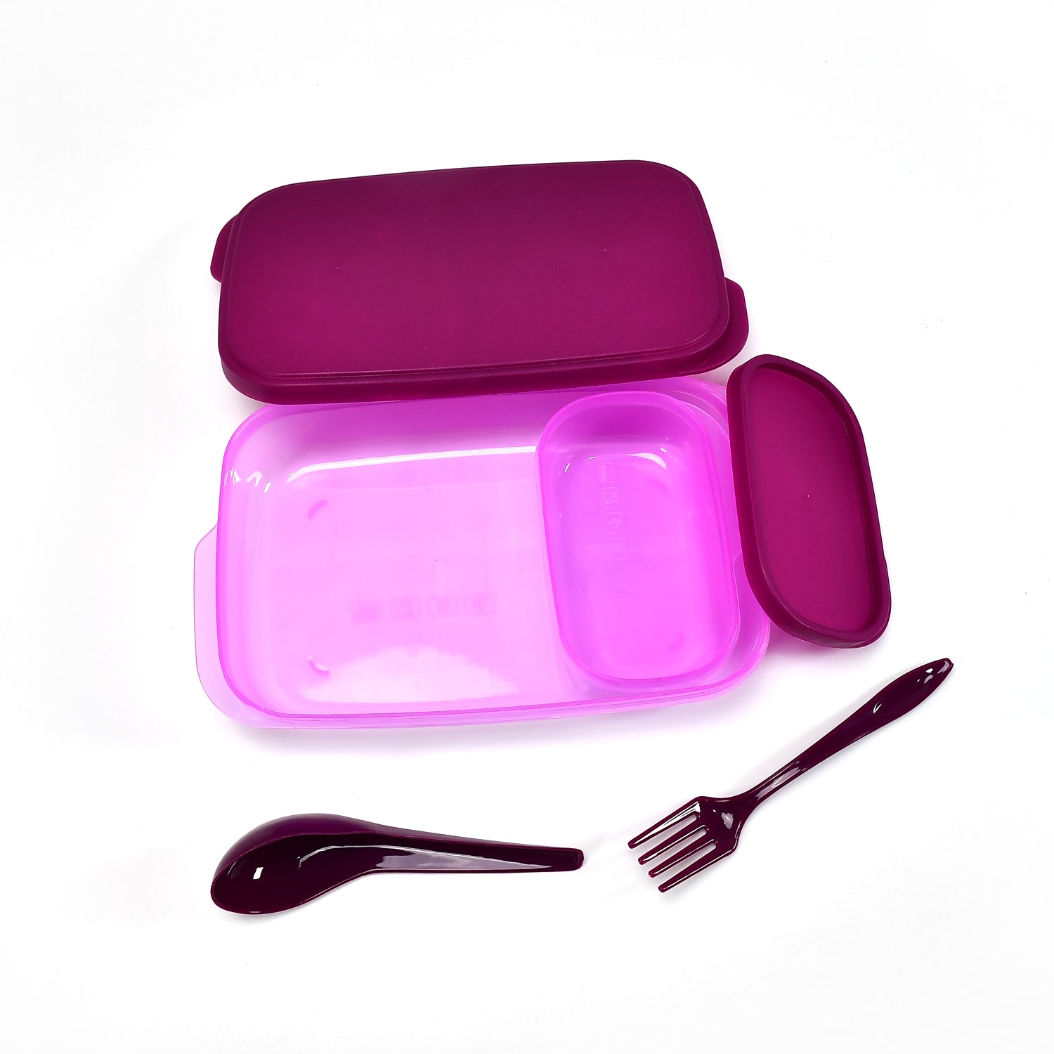 Wukusy unbreakable leak-proof plastic lunch box with two food-grade BPA-free containers and a spoon, ideal for meal storage.