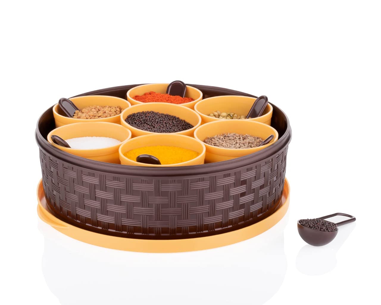 Round plastic masala spice box by Wukusy with multiple compartments for storing various spices in the kitchen.