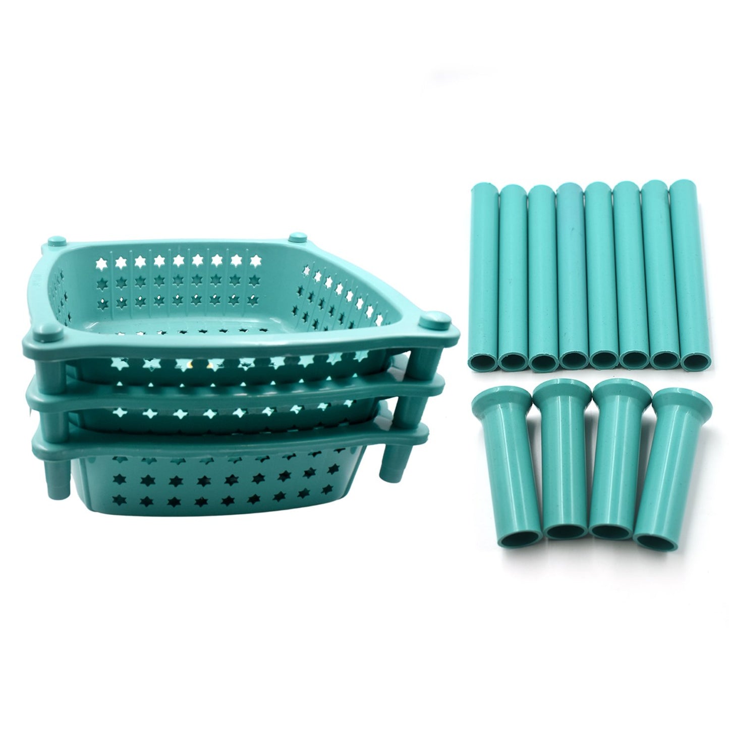 Wukusy 3-layer square kitchen trolley basket with metal frame and plastic baskets for organized kitchen storage.