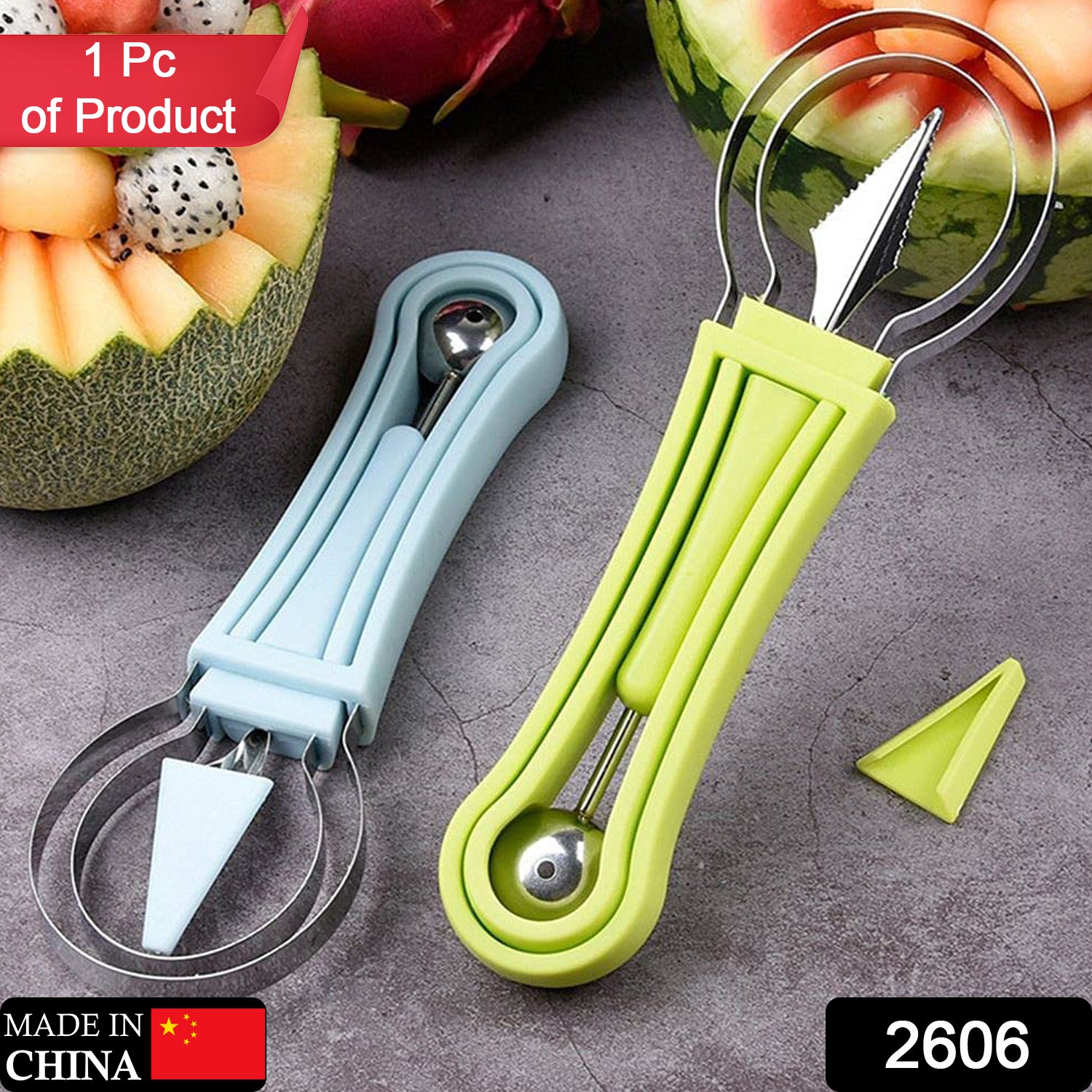 Wukusy 4-in-1 stainless steel melon baller with double-sided scooper and seed remover for fruit and dessert preparation.