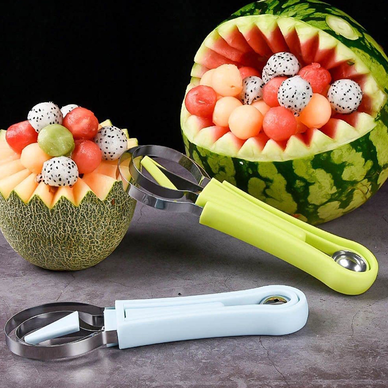 Wukusy 4-in-1 stainless steel melon baller with seed remover and double-sided fruit scooper for watermelon, sorbet, and desserts.