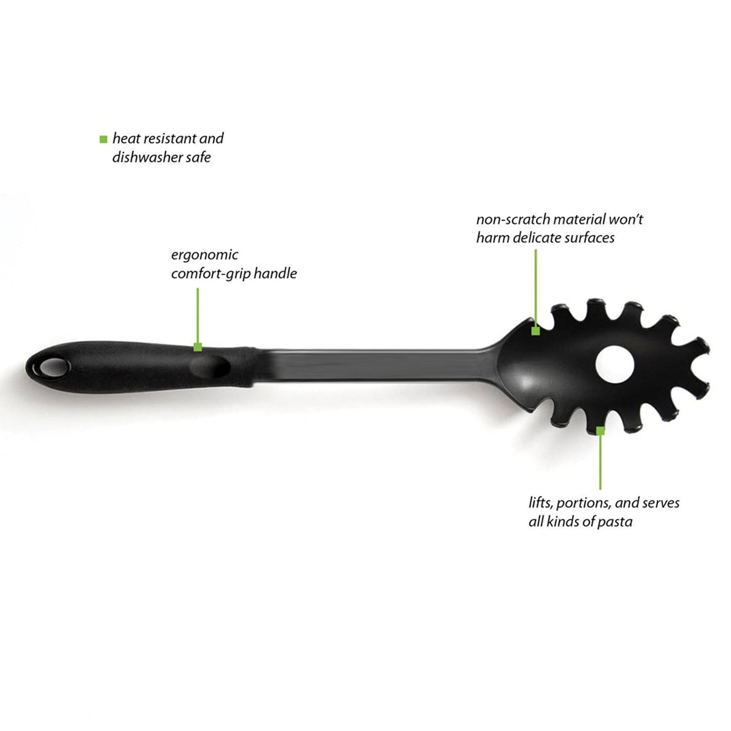 Wukusy heat-resistant pasta server kitchen tool with orange handle and stainless steel prongs for serving pasta dishes.