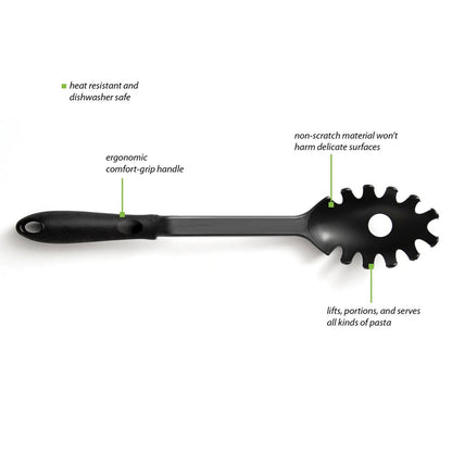 Wukusy heat-resistant pasta server kitchen tool with orange handle and stainless steel prongs for serving pasta dishes.