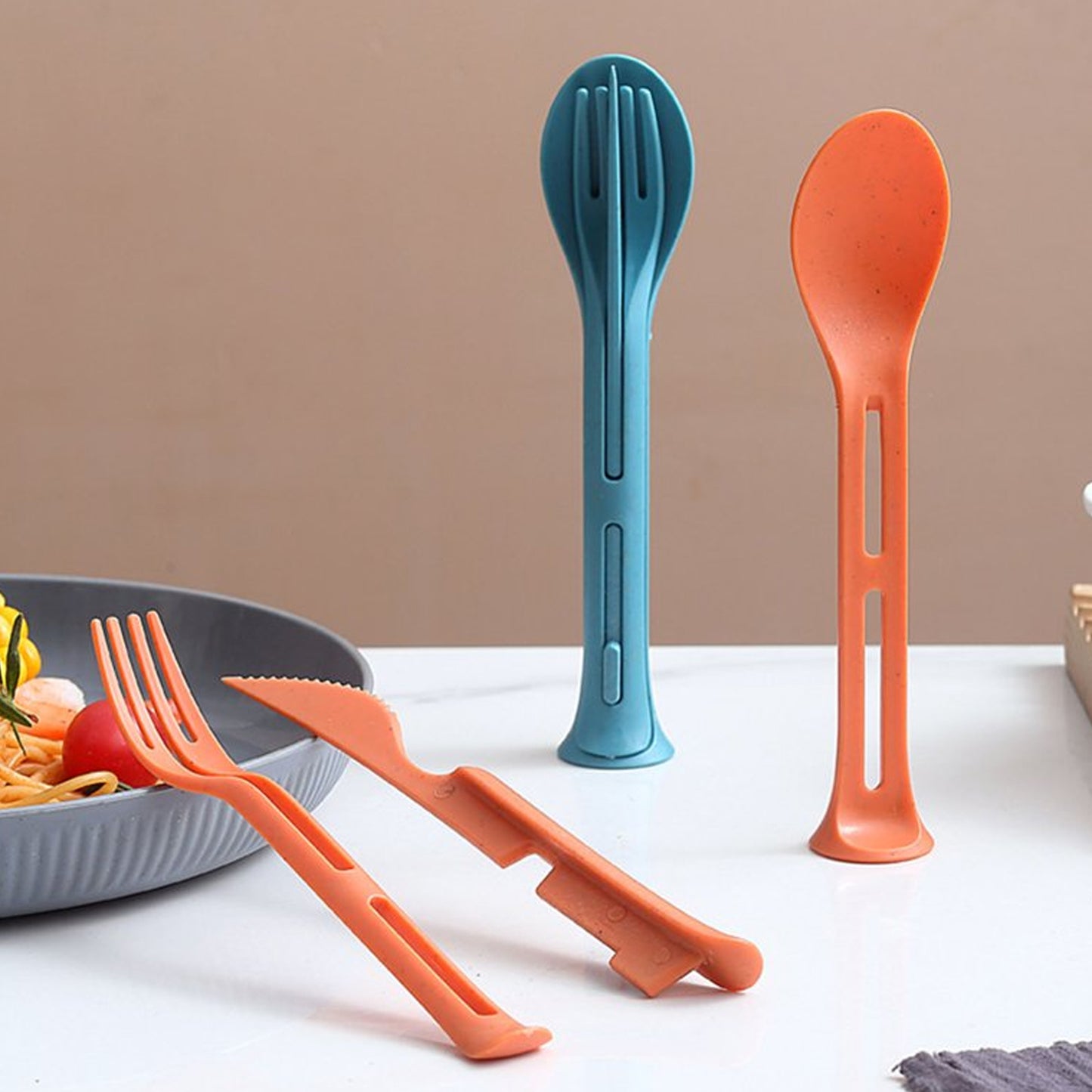 Wukusy 3-in-1 reusable kitchen tool set with spoon, knife, and fork for versatile tableware, includes three pieces.