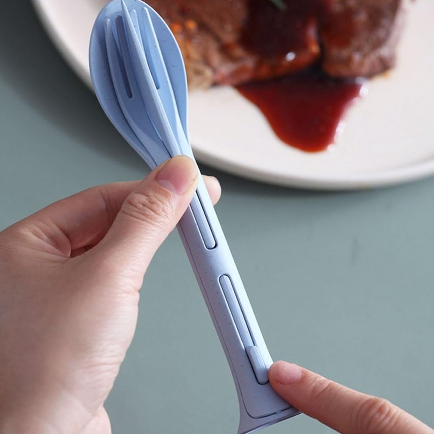 Wukusy 3-in-1 reusable spoon, knife, and fork set, kitchen tableware, compact and eco-friendly 3-piece utensil set.