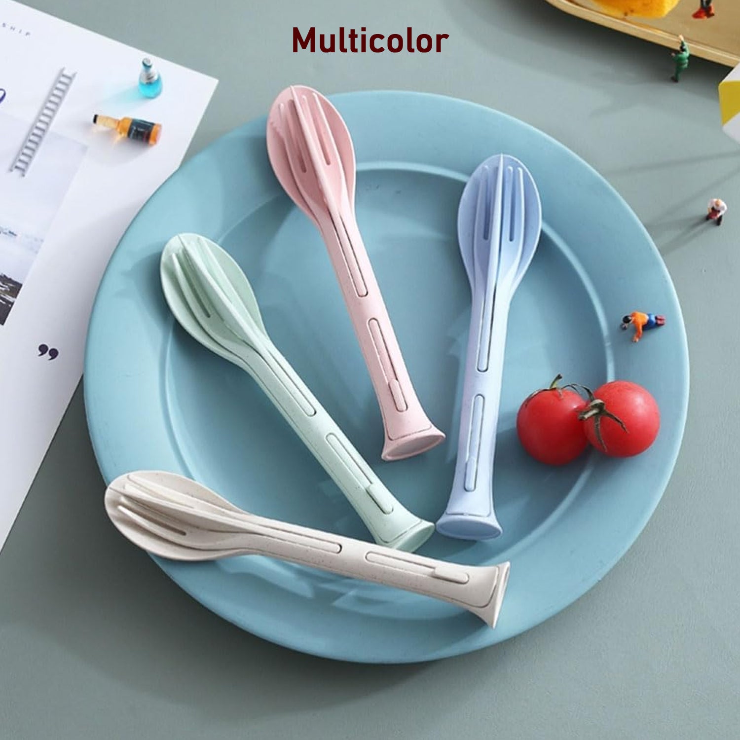 Wukusy 3-in-1 reusable kitchen tool set with spoon, knife, and fork in a compact 3-piece set for versatile tableware.