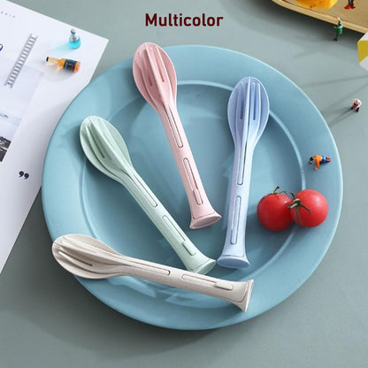 Wukusy 3-in-1 reusable kitchen tool set with spoon, knife, and fork in a compact 3-piece set for versatile tableware.