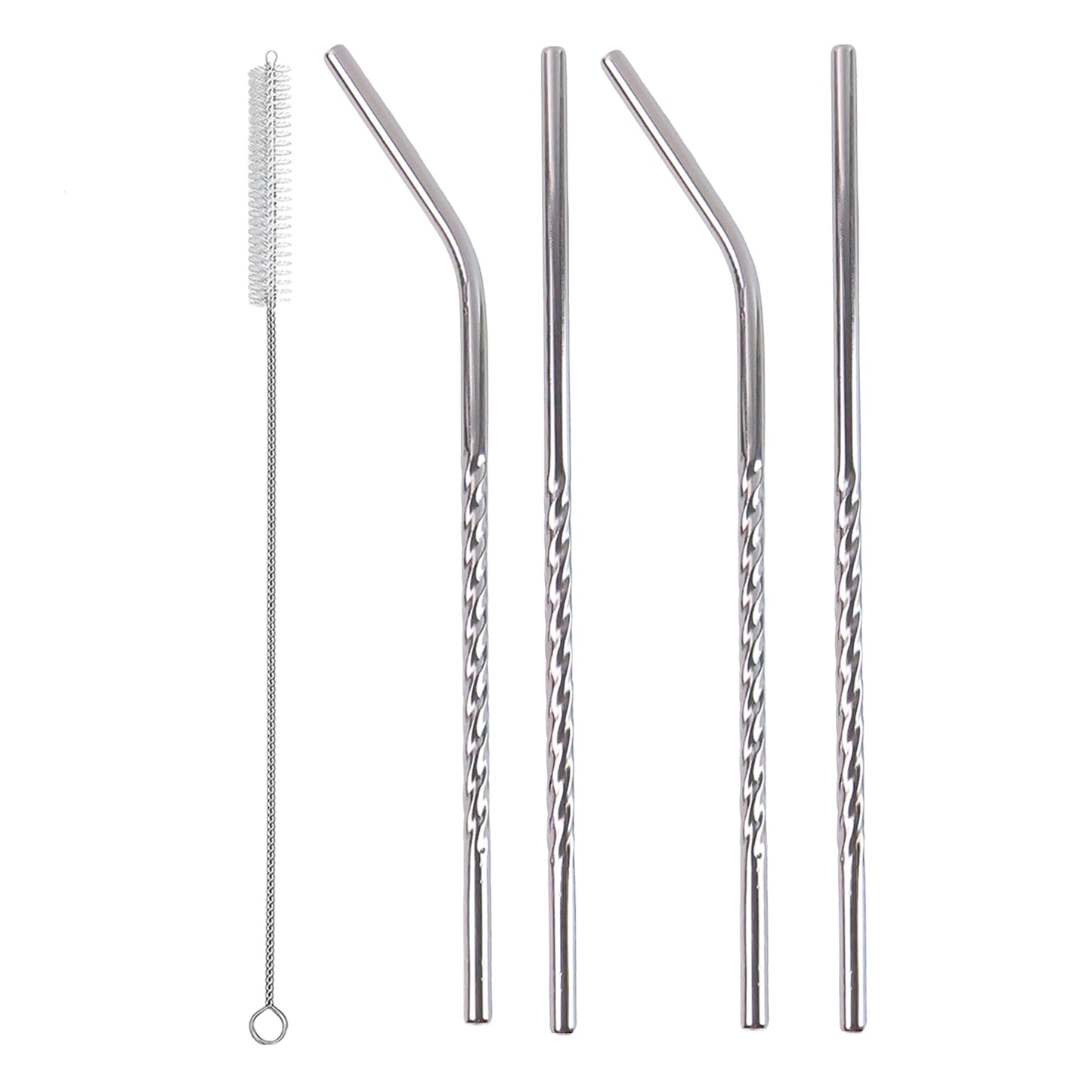Wukusy stainless steel straws set including two straight and two bent straws with a cleaning brush for reusable drinking straws.