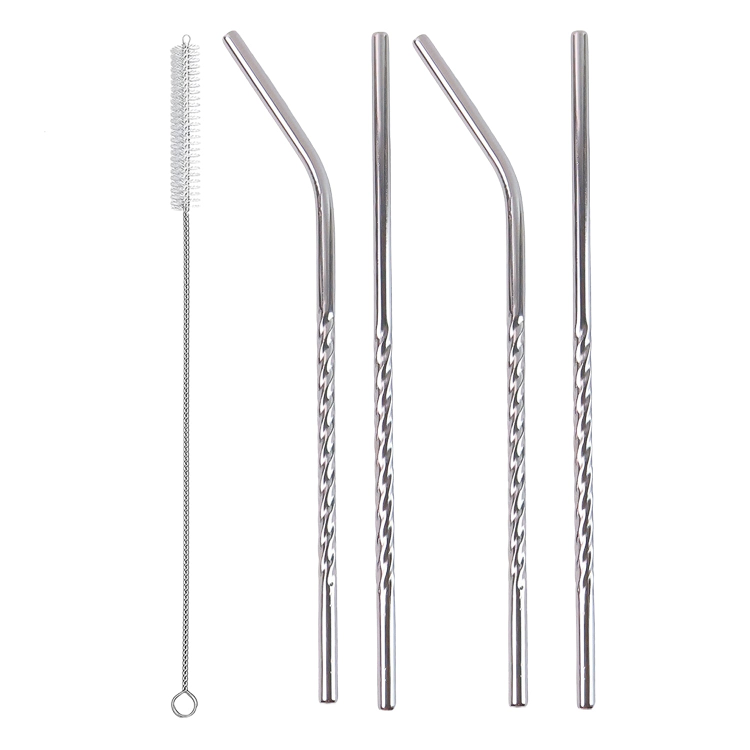 Wukusy stainless steel straws set including two straight and two bent straws with a cleaning brush for reusable drinking straws.