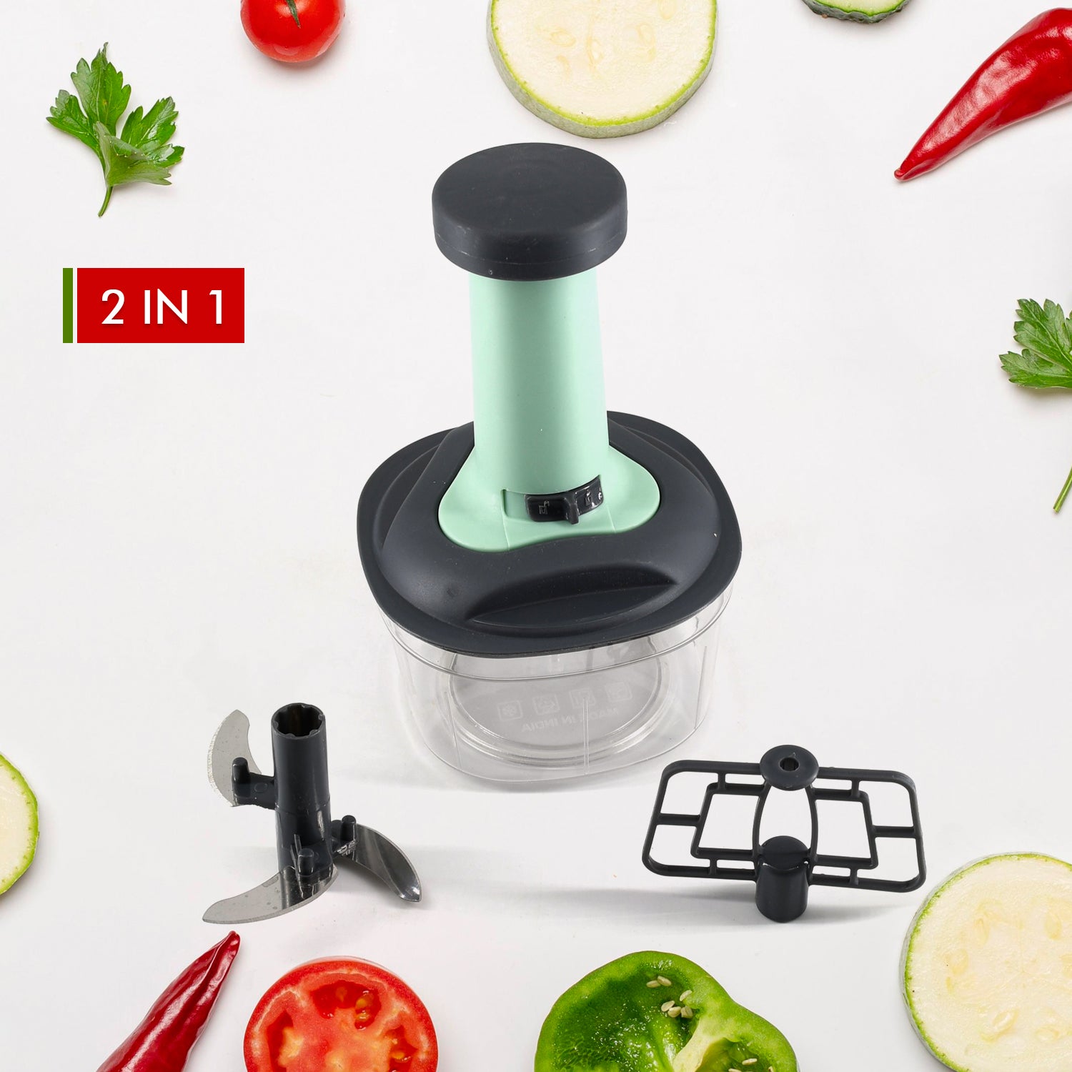 Wukusy 5902 manual push food chopper with three stainless steel blades, kitchen vegetable cutter, and hand-operated food processor set