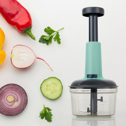 Wukusy 5902 manual push food chopper with three stainless steel blades, ideal for chopping vegetables and mixing in the kitchen.