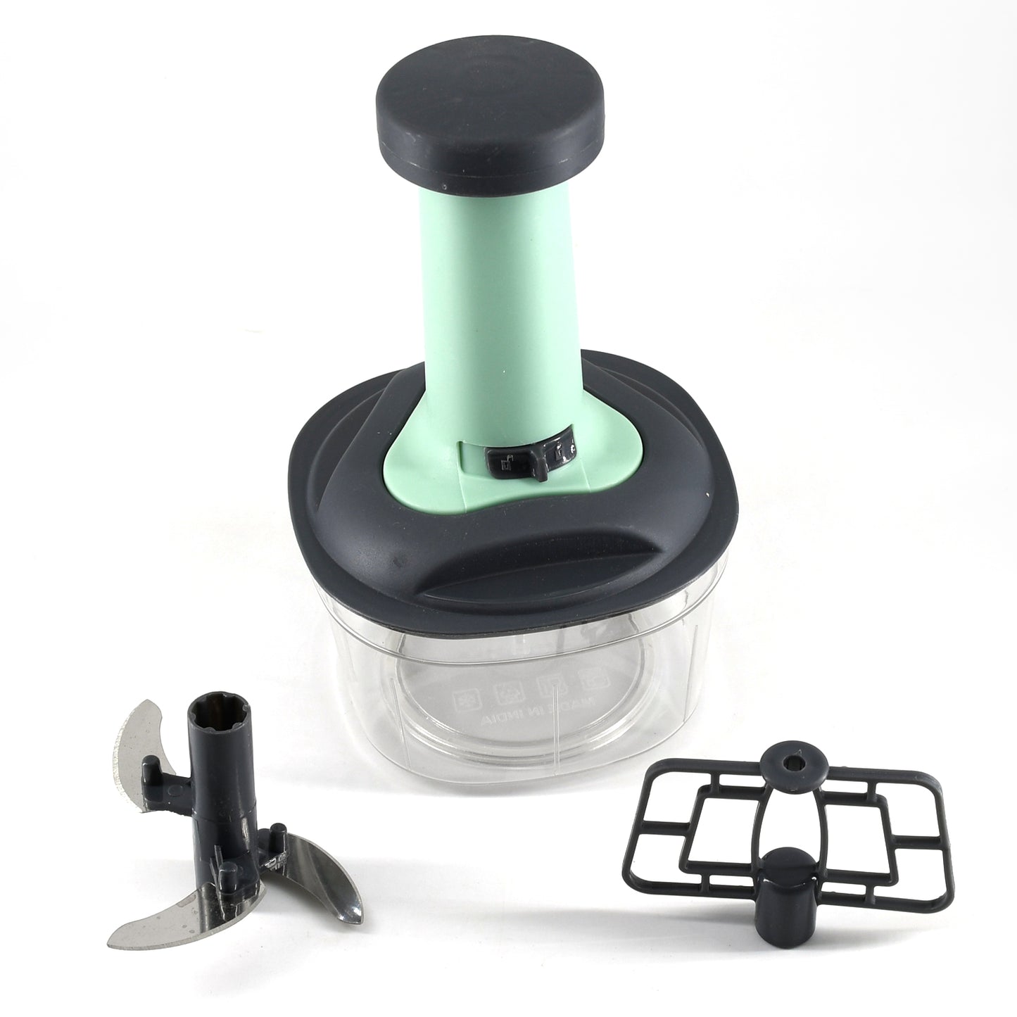 Wukusy 5902 manual food chopper with 3 stainless steel blades, hand push vegetable cutter and mixer for kitchen prep.