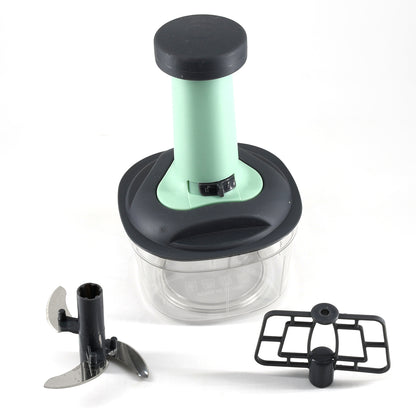 Wukusy 5902 manual food chopper with 3 stainless steel blades, hand push vegetable cutter and mixer for kitchen prep.